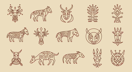 Obraz premium Collection of stylized tribal animal and mythological creature illustrations.