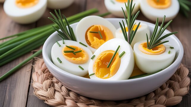 Halved hard boiled eggs garnished with fresh rosemary and chives in a white bowl