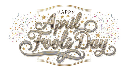Colorful April Fools' Day typography with festive confetti and stars in a circular logo style for social media and celebration design © Jangkrik