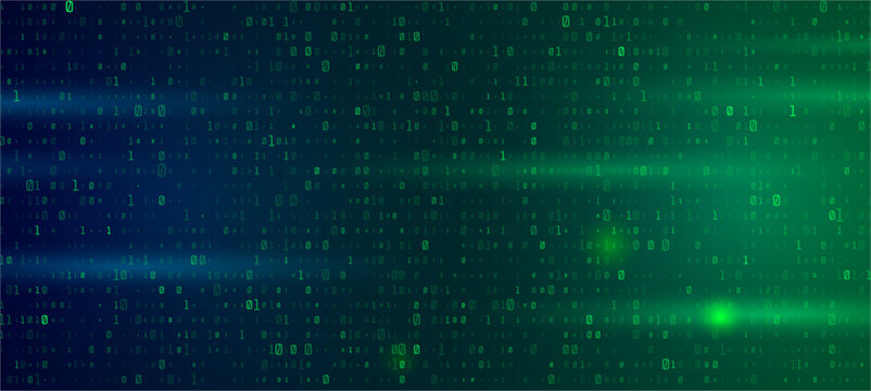 Cyber code background with luminous data pattern, glossy reflection and virtual matrix. Vector technology backdrop for software and programming concept. Network interface and innovation design layout