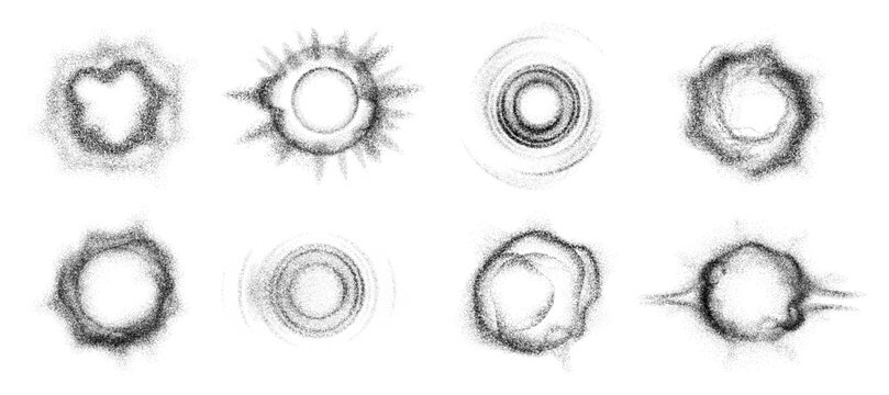 Monochrome particle waves with circular flows and dotted motion fields. Vector curved point structures with rhythmic expansion from center. Digital composition of data movement and spatial harmony