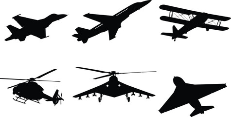 Collection of various aircraft silhouettes featuring fighter jets, biplanes, helicopters, and a modern delivery drone © Only