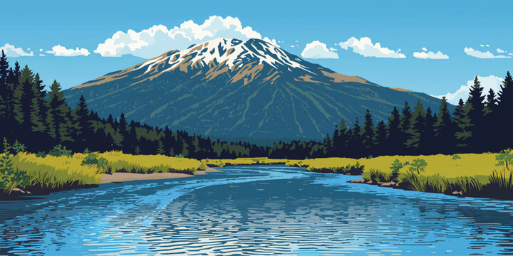 Mountain lake landscape with snowy peaks, reflections, and clear sky nature scenery