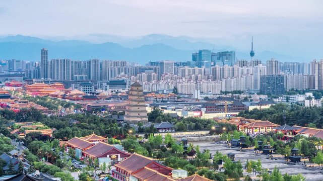 day to night timelapse of high angle view of skyline of the Big Wild Goose Pagoda in Xi'an, Shaanxi Province, China