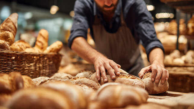 Employee arranging fresh bread loaves in a supermarket bakery section, showcasing quality and service
