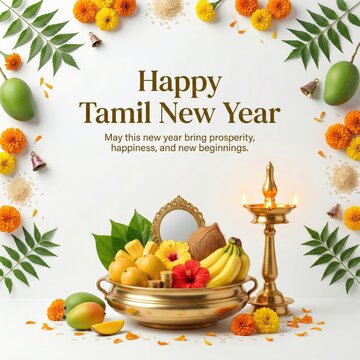 Happy Tamil New Year greeting with fresh fruits, coconuts, a golden oil lamp, and floral decorations symbolizing prosperity and new beginnings