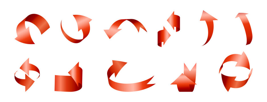 Glossy 3D arrows set. Vector isolated collection of curved, bent and twisted pointing shapes for navigation and direction, recycling and flow. Circular movement indicators and recycling flows