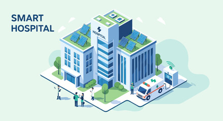 Modern Smart Hospital Building with Advanced Technology and Green Features. © Ndog