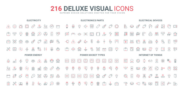 Electricity and power energy, IoT services line icon set. Electronic components, parts and devices of electricians toolbox, plugs sockets types thin black and red outline symbols vector illustration