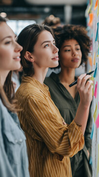 Diverse business women collaborating, discussing ideas, and working on a project using sticky notes for brainstorming