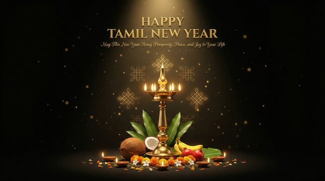 Joyful Tamil New Year greeting with a traditional brass oil lamp surrounded by fruits and flowers against a dark sparkling background
