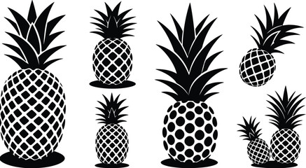 Obraz premium Pineapple icons flat vector silhouette, close-up with varied scales and overhead oval shadows, minimal tropical decorative arrangement illustration.