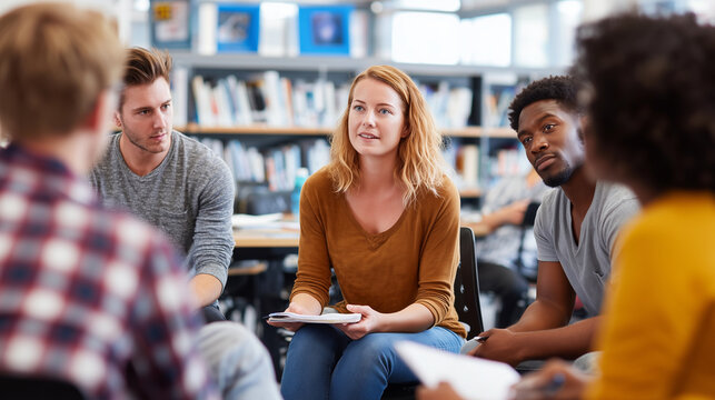Varied group of millennials gathered in a circle, actively engaged in a dynamic classroom discussion or educational workshop