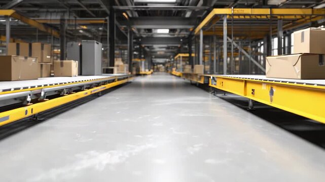 Automated conveyor belts are transporting cardboard boxes through a large, organized industrial warehouse, representing modern logistics, efficient distribution, and smart storage solutions