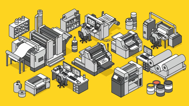 Printing Industry Equipment Collection Isometric Illustration.