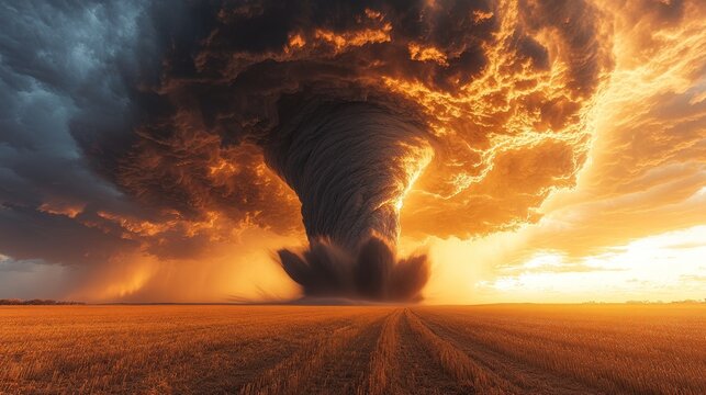 A powerful tornado spirals into the sky creating a stunning contrast against the sunset