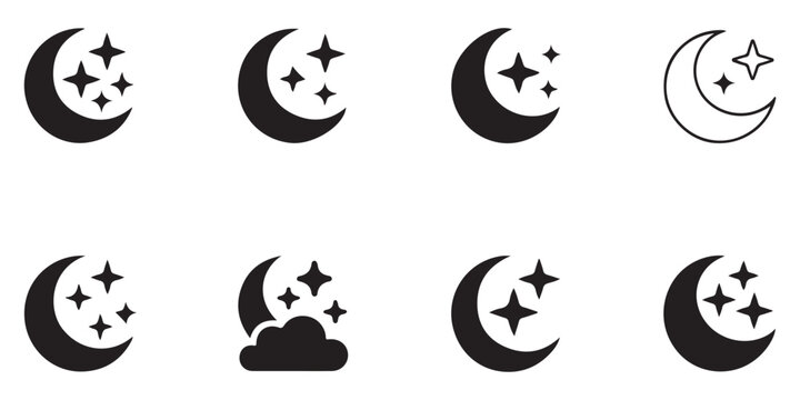 Minimalist night sky icons featuring crescent moons and twinkling stars for weather and astrology applications