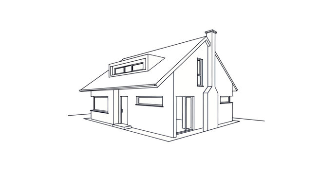 Simple Line Drawing of a Residential House with Dormer Window.