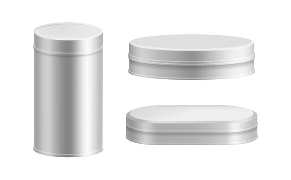 Closed metal boxes set. Vector isolated realistic cylindrical, oval and ellipse shaped storage containers with removable lids. Coffee or tea, spices or snacks tins. Food or items cases