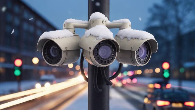 雪の夜に街灯で照らされた交差点の監視カメラをシネマ調で撮影