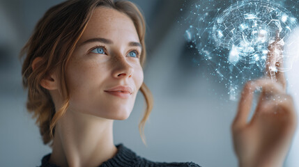 Naklejka premium Woman engaging with artificial intelligence brain, global network connection, innovation and future technology thinking