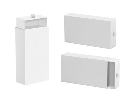 Opened and closed sliding box mockup in perspective view. Vector realistic packaging with blank surface for logo placement or branding design. Cosmetics and gifts, jewelry and stationery cases