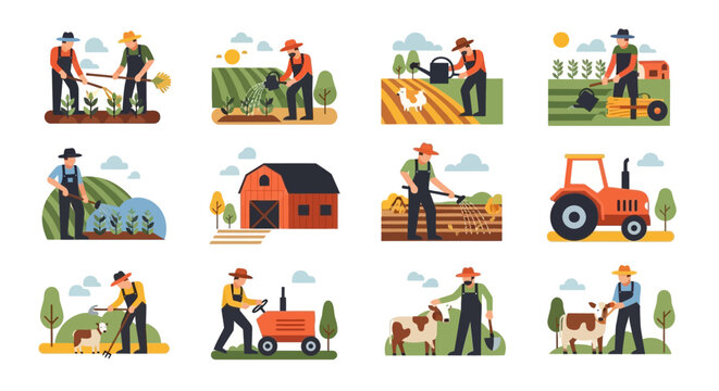 Farmers working on various agricultural tasks, including planting, harvesting, and animal care.