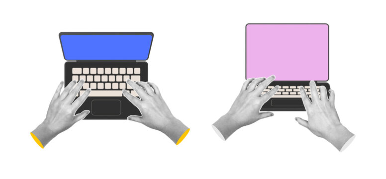 Halftone hands holding laptops. Vector isolated set of dotted pattern montages. Digital product display, responsive web layouts or app interface promotion. UI UX or cross-platform applications