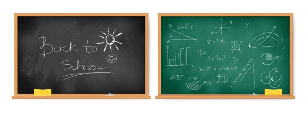 Realistic blackboards with written texts. Vector school wall boards with chalks and erasers or dusters. Elements of educational institutions, offices and training environments. Classroom visuals