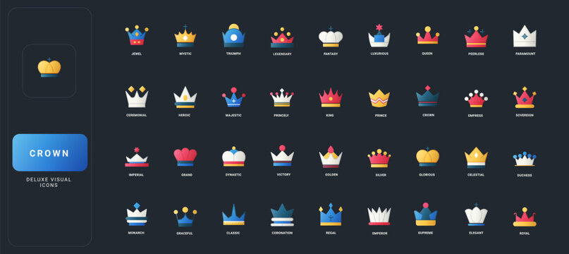 Gradient flat style icons set with diverse crown designs, royal headpieces, and noble insignia on dark UI background vector illustration, representing monarchy, luxury, and authority.