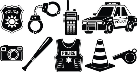 Police equipment icons flat design, close-up showing patrol car, badge, handcuffs, baton, radio, body vest, whistle, traffic cone, minimal vector for law enforcement. © HAPPY