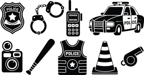 Police equipment icons flat design, close-up showing patrol car, badge, handcuffs, baton, radio, body vest, whistle, traffic cone, minimal vector for law enforcement. © HAPPY