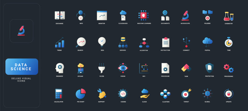 Gradient flat style icons set with data science, machine learning, cloud, coding, chemistry, and analytics concepts on dark UI background vector illustration.