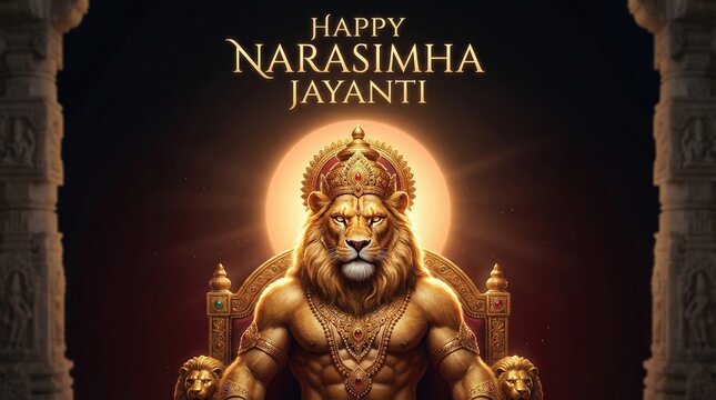 Golden Lord Narasimha deity seated on an ornate throne with lion motifs, radiating divine light and power, amidst ancient pillars, celebrating Narasimha Jayanti with a and awe-inspiring presence