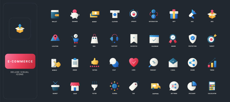 Gradient flat style icons set with wallet, shopping, delivery, analytics, communication, and security elements on dark UI background vector illustration for digital commerce platforms.