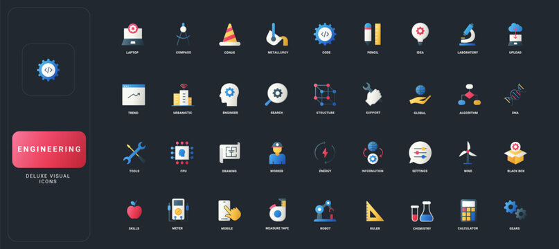 Gradient flat style icons set with engineering, science, technology, mathematics, tools, and innovation concepts on dark UI background vector illustration.
