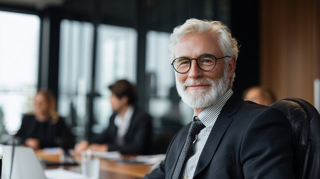 Senior business executive smiling during a business meeting representing leadership, experience, and success