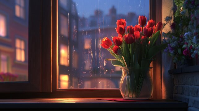Beautiful Red Tulips in a Vase by a Rainy Window at Dusk