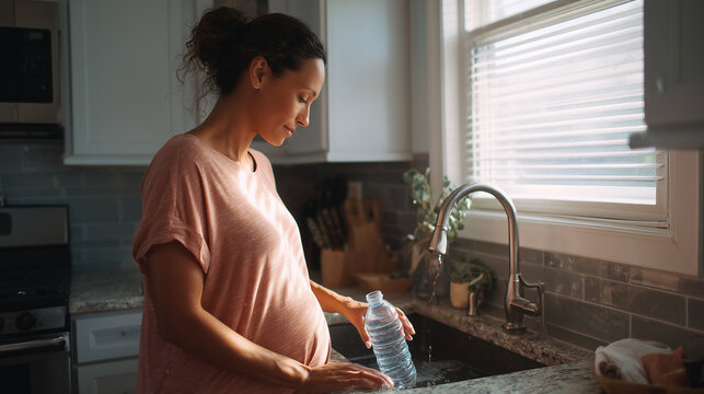 Pregnant woman filling a reusable water bottle in her kitchen, focusing on hydration and healthy lifestyle