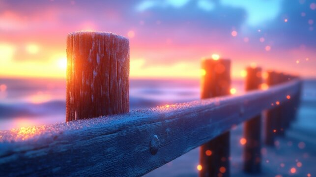 Sunrise paints the sky in warm hues as waves gently lap the weathered wooden pier