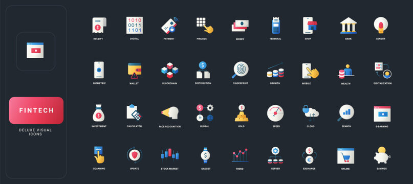 Gradient flat style icons set with fintech, banking, digital payment, blockchain, investment, security, and finance technology concepts on dark UI background vector illustration.