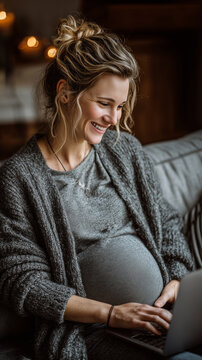 Pregnant woman working remotely from home, smiling while typing on laptop during pregnancy