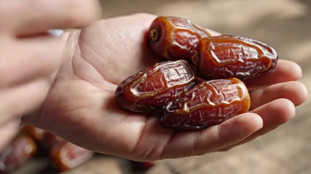 Hand holding several brown dates fruit.