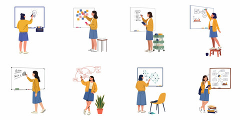 Fototapeta premium Set of flat illustrations featuring a young woman brainstorming, planning, and analyzing data on whiteboards with charts, sticky notes, and diagrams.
