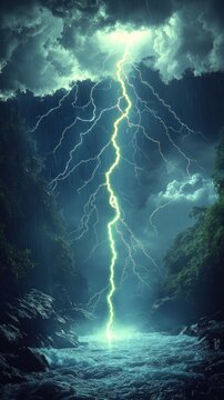 Brilliant lightning illuminates a lush forest as rain pours over a tranquil river
