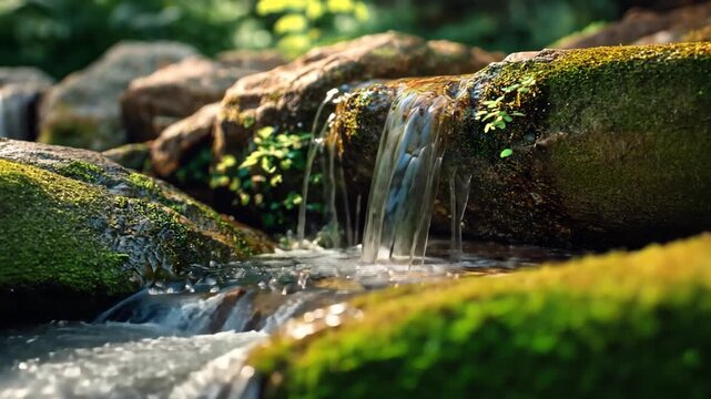 Gentle Water Flow Over Mossy Rocks in Serene Nature Setting