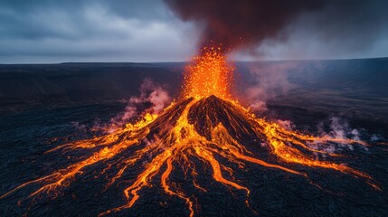 Fototapeta premium Lava erupts from a volcano, casting a bright orange glow on the dark landscape