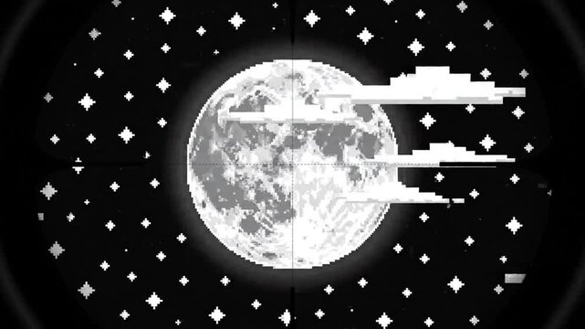 Close-up view. Pixel art full moon with stars and clouds through a scope. Retro 8-bit animation loop. Gaming astronomy target.