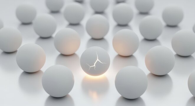 A single cracked white sphere glowing with inner light stands out from a field of identical spheres