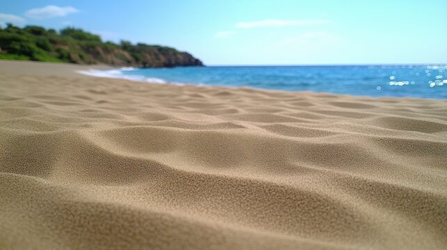 Gentle waves lap the shore as soft sand sparkles in the bright sunlight near the ocean